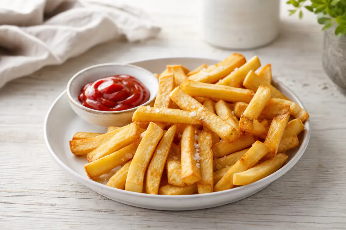 A plate of golden straight-cut oven chips with a bowl of ketchup and a sprinkle of sea salt