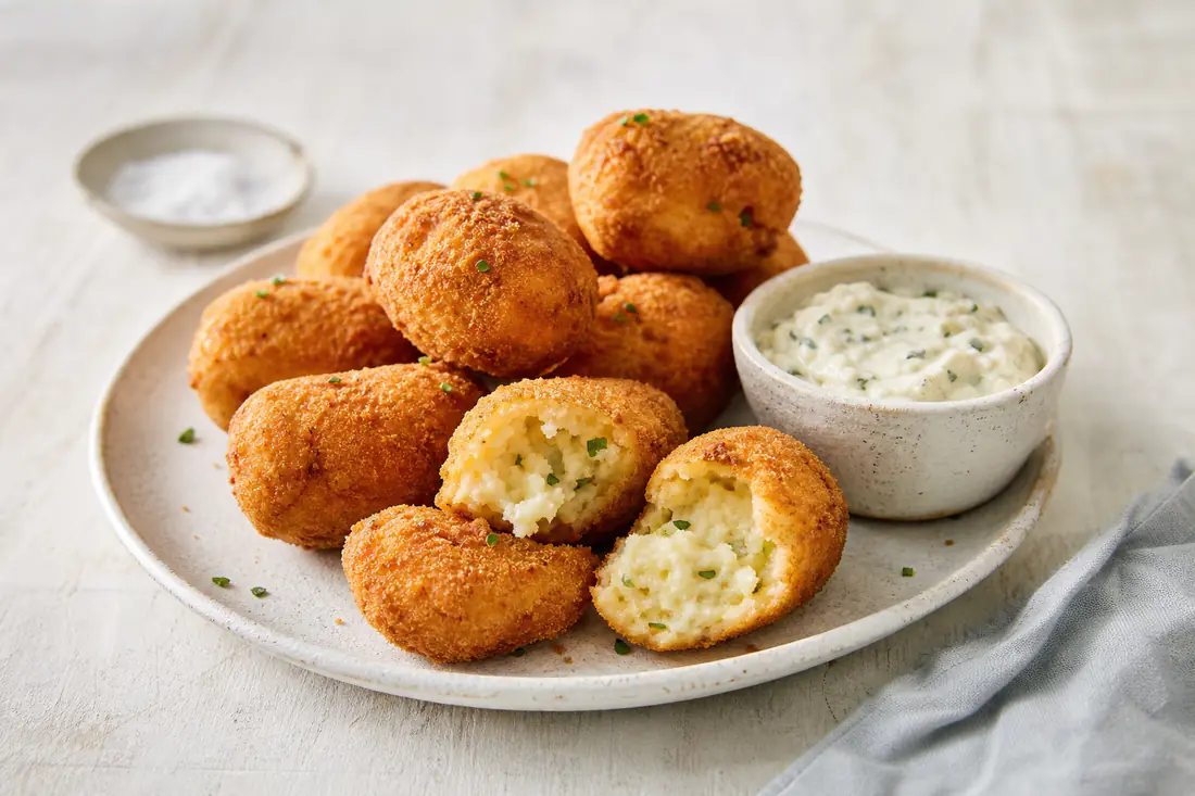 Golden crispy potato croquettes on a plate, one broken open to show creamy mashed potato, with a pot of dip