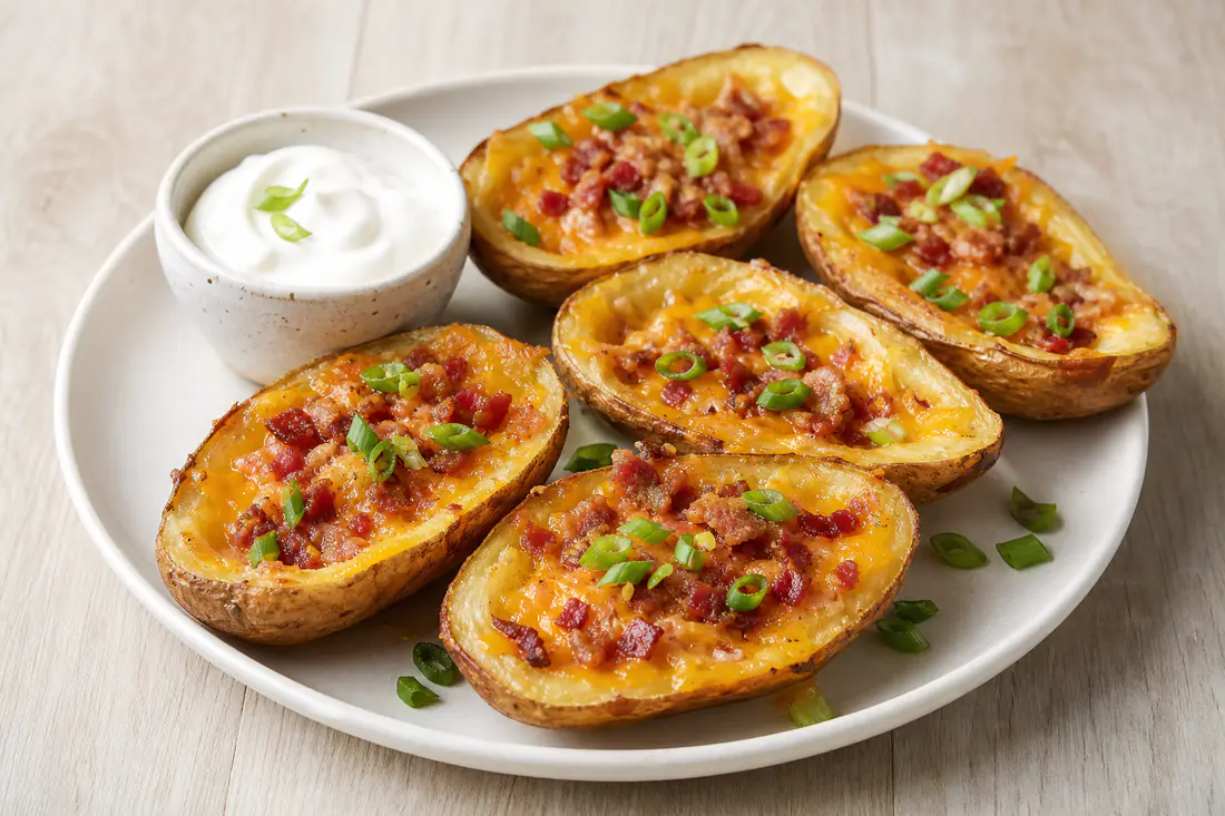 Loaded potato skins with melted cheddar, bacon and spring onion on a white plate with a pot of soured cream