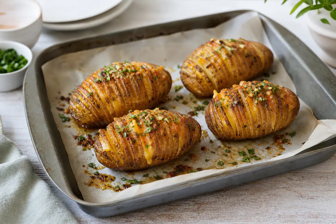Four golden hasselback potatoes with fanned slices, garlic butter and melted cheddar on a baking tray