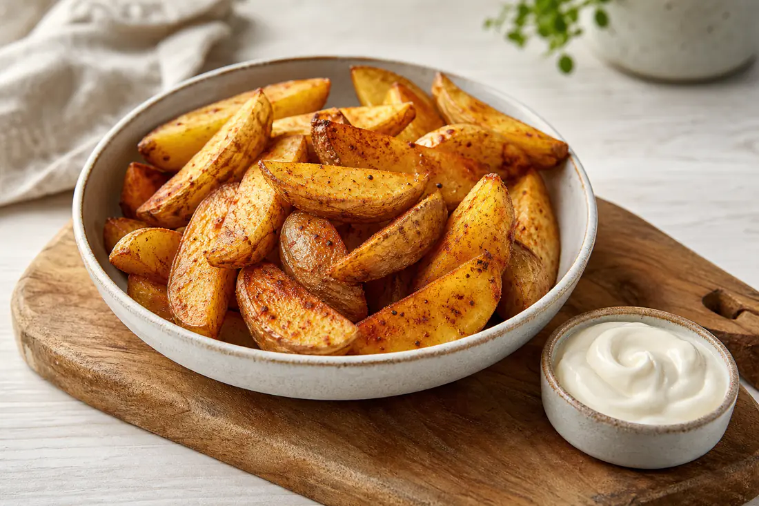 Golden skin-on potato wedges dusted with paprika in a bowl, with a pot of garlic mayonnaise