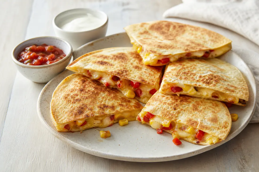 Golden half-moon cheese quesadillas cut into wedges on a board with soured cream and salsa