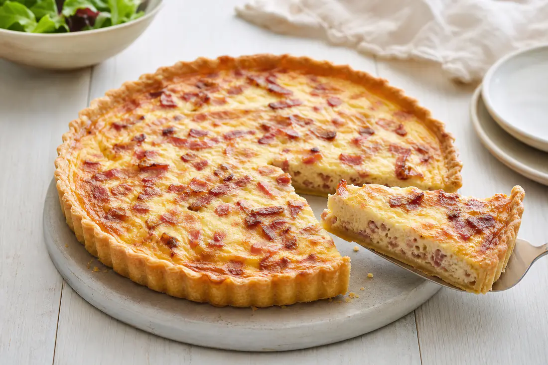 A golden quiche Lorraine with bacon and cheese in a fluted tart tin, with one slice cut and lifted out