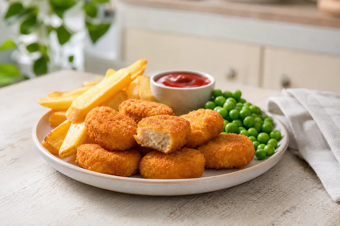 Golden crispy meat-free nuggets on a plate with chips, peas and a pot of ketchup