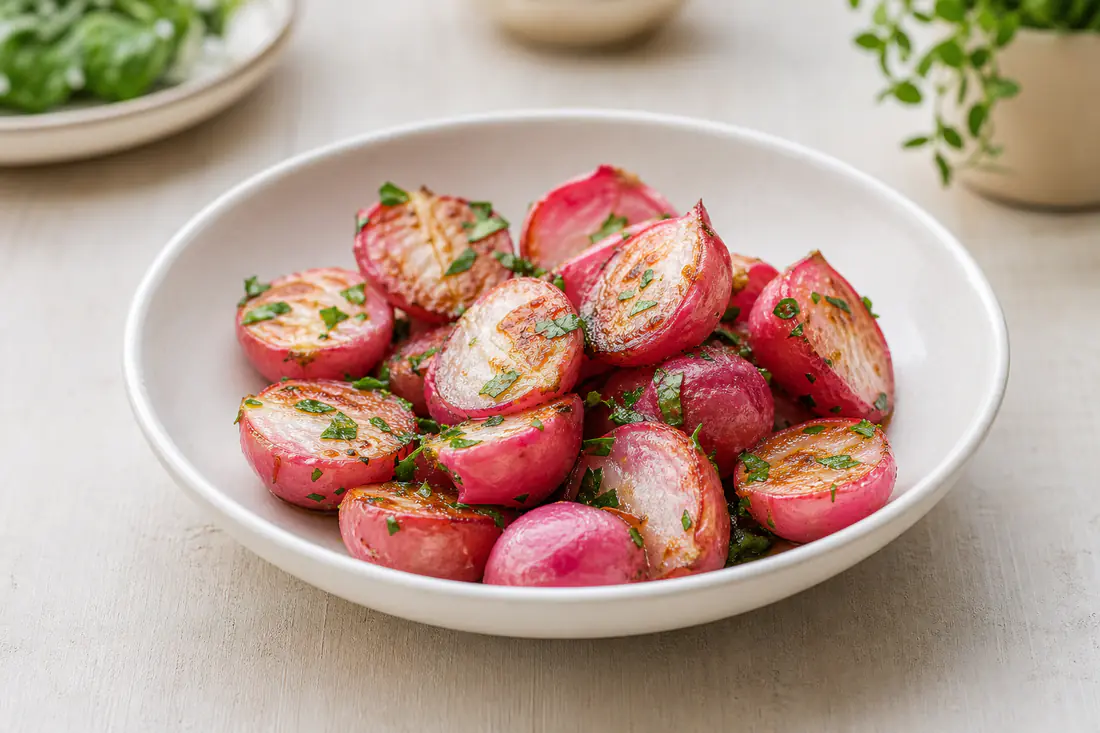 Roasted halved pink radishes with golden edges and chopped parsley in a small white dish