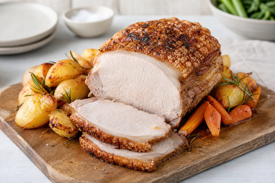 Sliced roast pork loin with golden blistered crackling on a board with roast potatoes and carrots