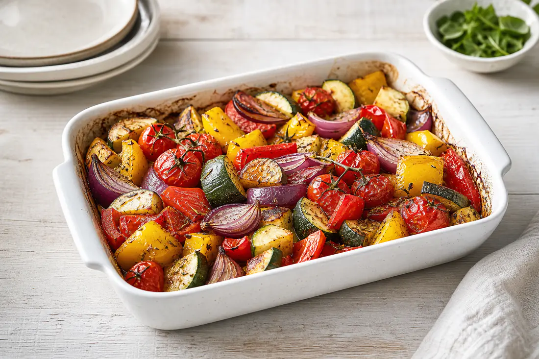 Roasted Mediterranean vegetables with peppers, courgette, red onion and cherry tomatoes in a white baking dish