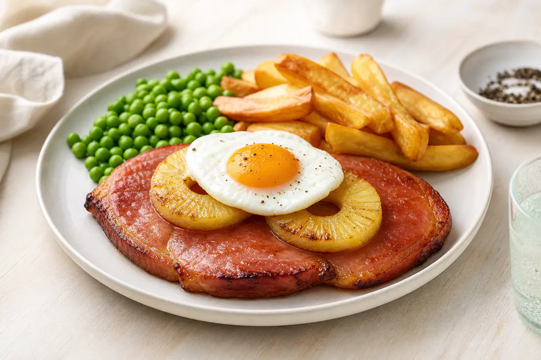 Two glazed gammon steaks with pineapple rings and a fried egg on a plate with chips and peas