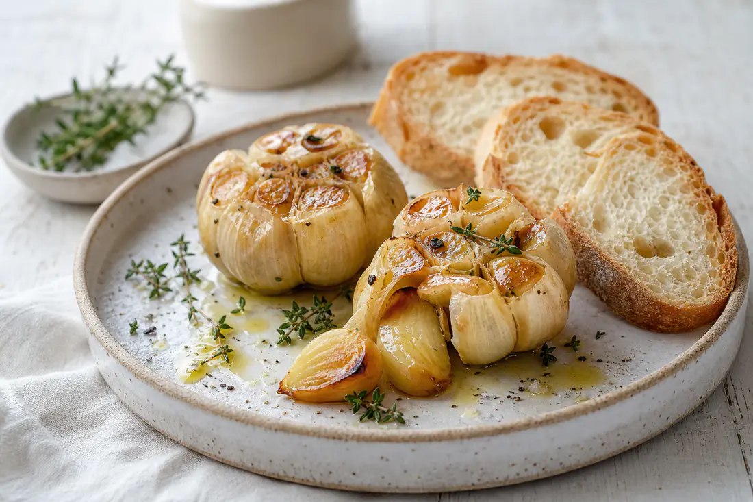Two roasted garlic bulbs with golden soft cloves, one partly squeezed out, on a board with olive oil and crusty bread