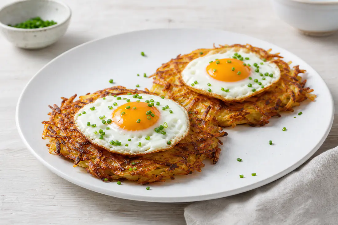 Two golden potato rösti with a crisp lacy edge on a plate, topped with a fried egg and chives