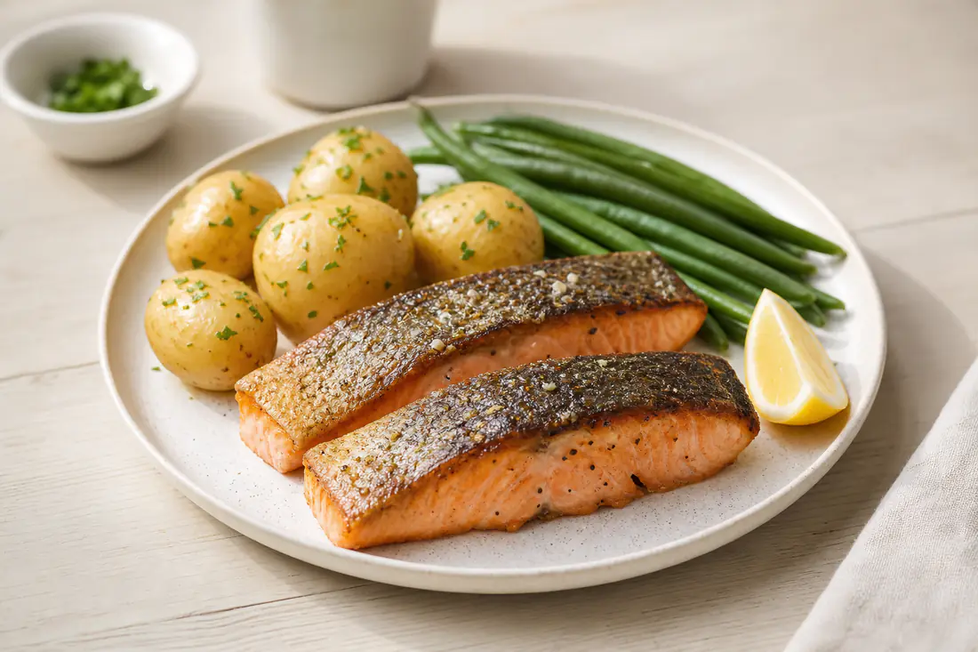Two skin-on salmon fillets with crisp golden skin on a plate with boiled new potatoes, green beans and a lemon wedge