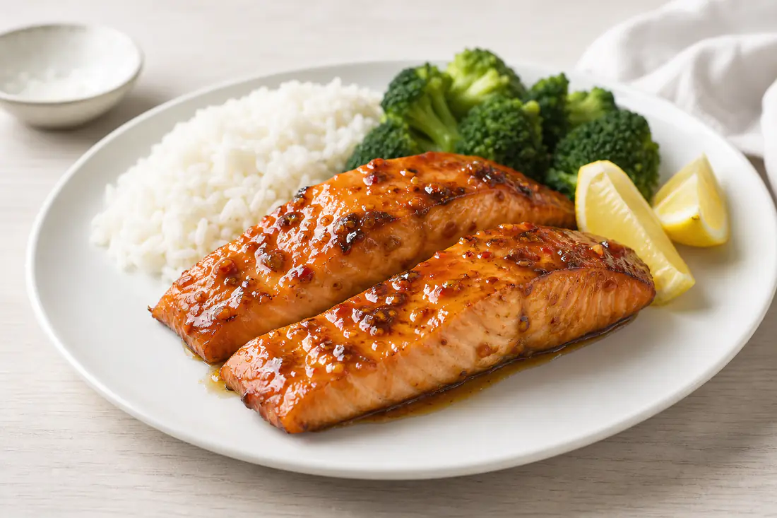Two glazed salmon fillets with honey garlic sauce on a white plate with rice, broccoli and lemon wedges