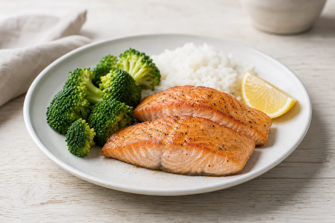 Two cooked salmon fillets cooked from frozen on a plate with steamed broccoli, rice and a lemon wedge