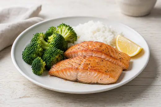 Two cooked salmon fillets cooked from frozen on a plate with steamed broccoli, rice and a lemon wedge