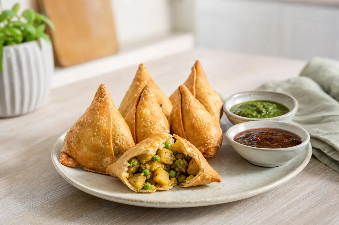 Golden triangular samosas on a plate with mint and tamarind chutneys and a halved samosa showing spiced potato filling