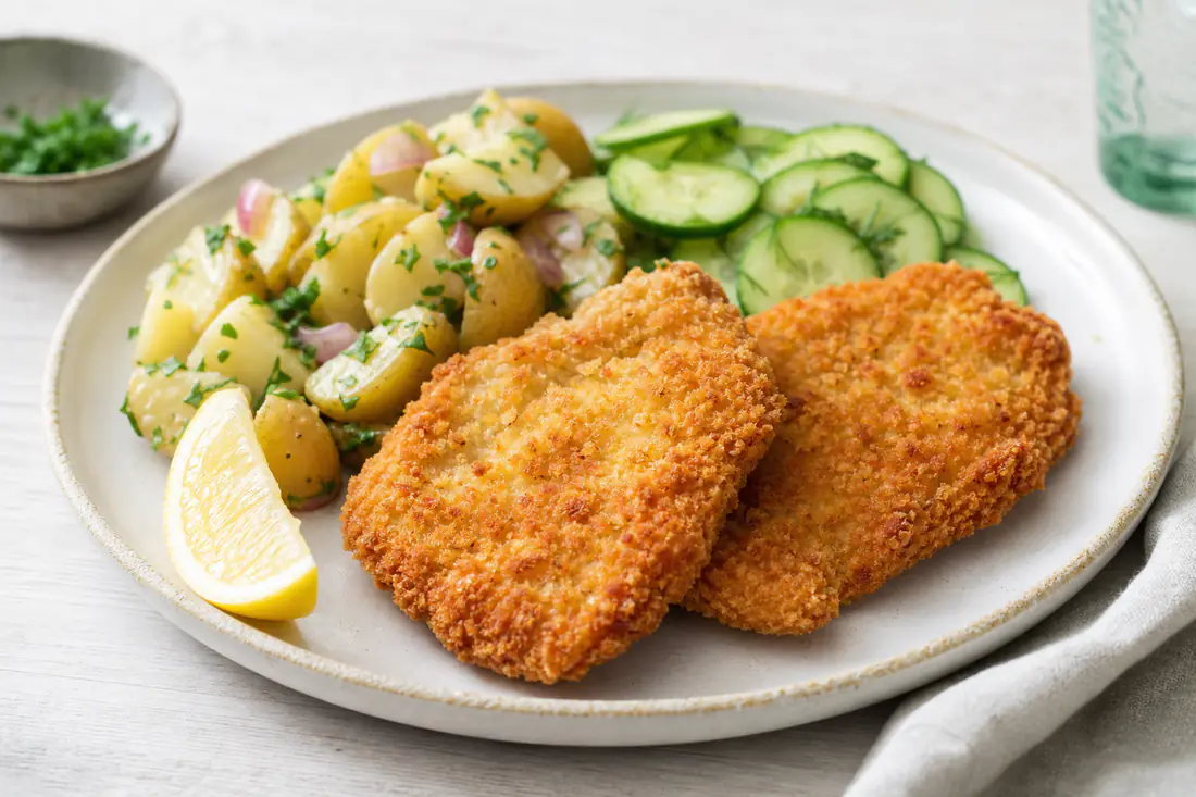 Golden crumbed pork schnitzel with a lemon wedge on a plate with potato salad and cucumber