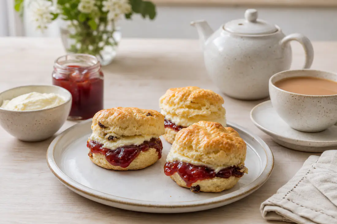 Three golden scones split open on a plate with clotted cream and strawberry jam, with a teapot beside them