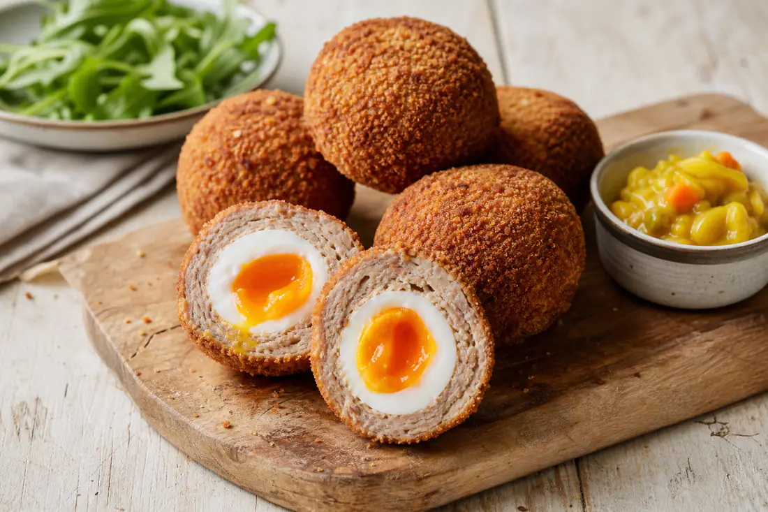 Golden breadcrumbed scotch eggs, one halved to show a jammy yolk and sausage meat, on a wooden board with piccalilli