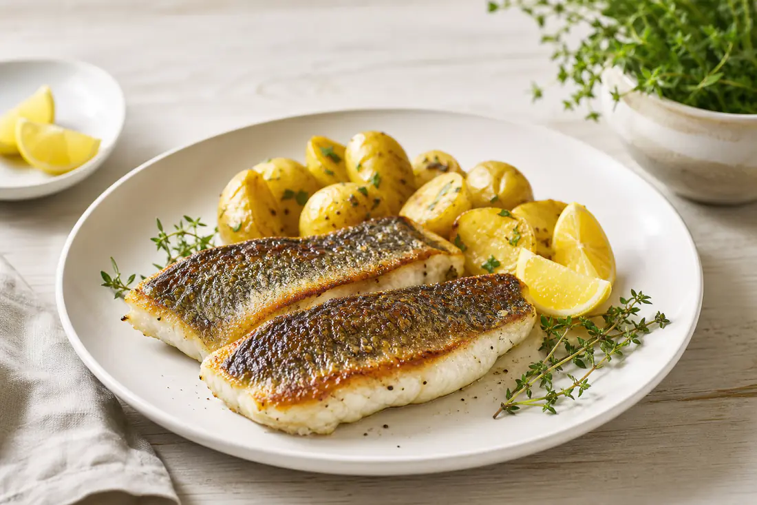 Two sea bass fillets with crisp golden skin on a white plate with lemon wedges, thyme and new potatoes