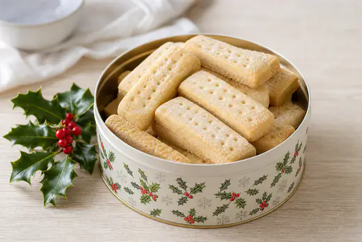 Pale golden shortbread fingers dusted with sugar, stacked in a festive biscuit tin with a sprig of holly