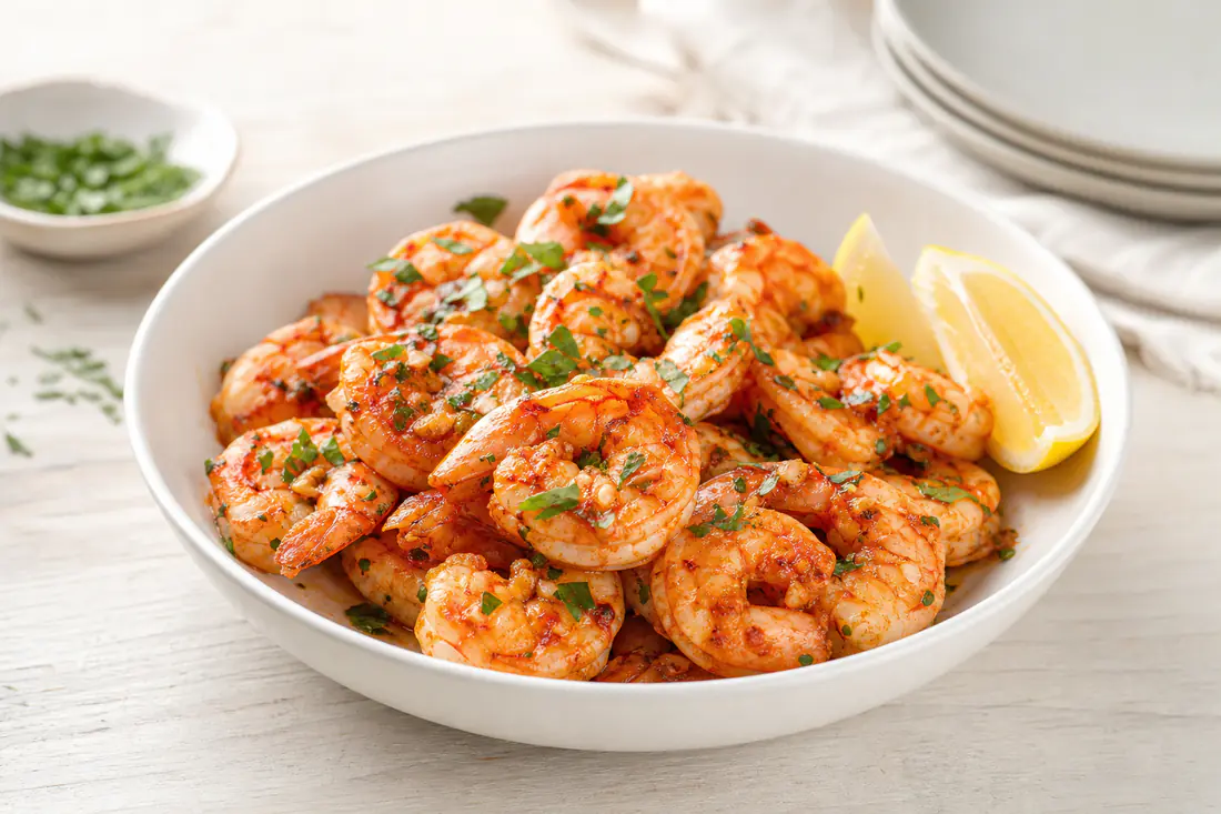 Pink garlic and paprika king prawns in a white bowl with lemon wedges and chopped parsley