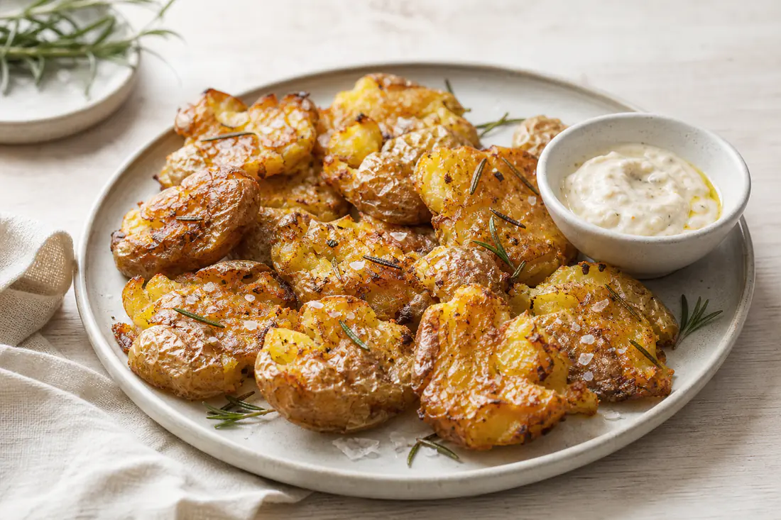 A plate of flattened golden crispy smashed potatoes with rosemary, flaky salt and a bowl of garlic dip