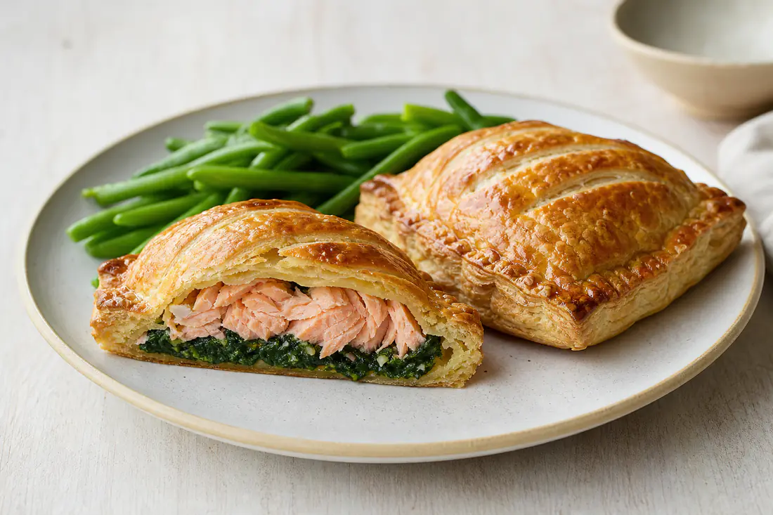 Two golden puff pastry salmon parcels, one cut open to show pink salmon and spinach, on a plate with green beans