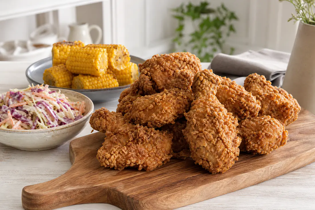 A pile of golden crunchy southern fried chicken pieces on a board with coleslaw and corn on the cob