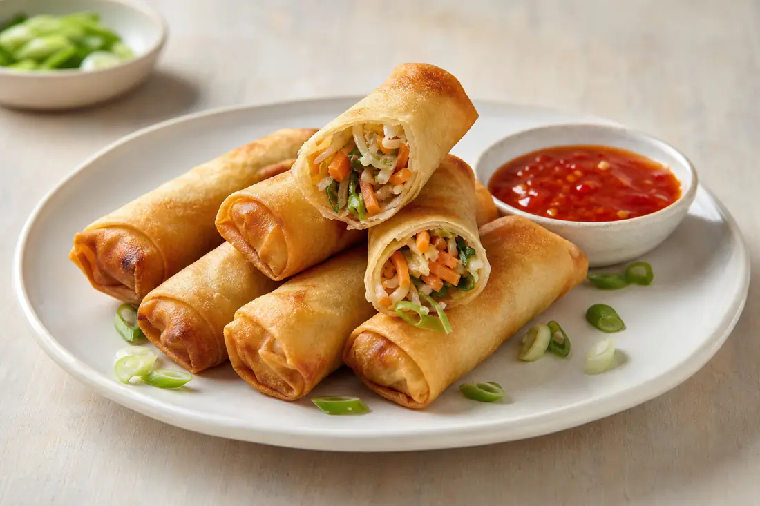 Golden crisp vegetable spring rolls on a plate with a bowl of sweet chilli sauce and spring onion
