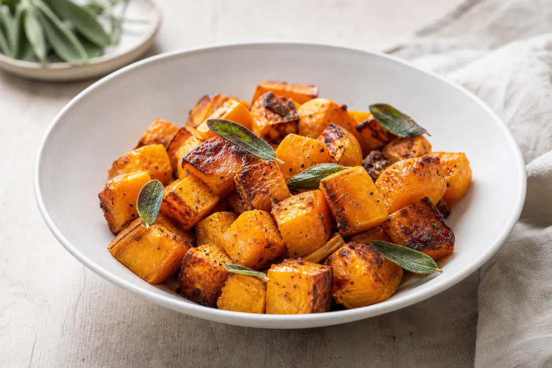 Golden roasted butternut squash cubes with dark caramelised edges and sage leaves in a white bowl
