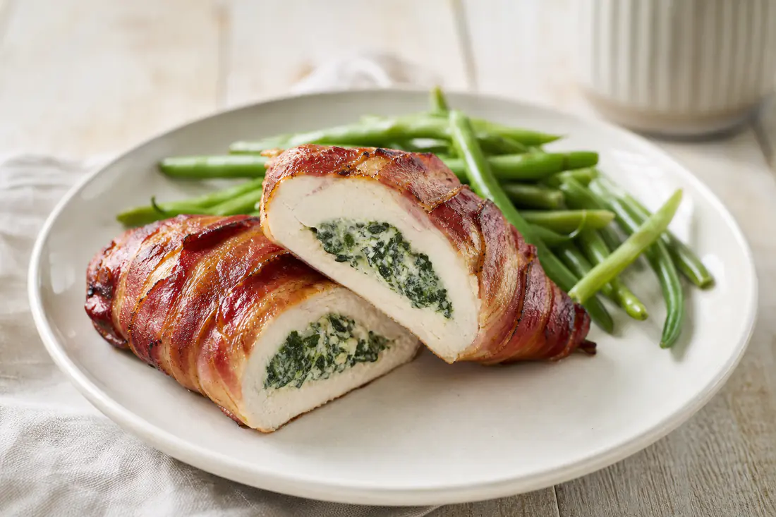 Two sliced stuffed chicken breasts wrapped in bacon showing a spinach and cream cheese filling on a white plate