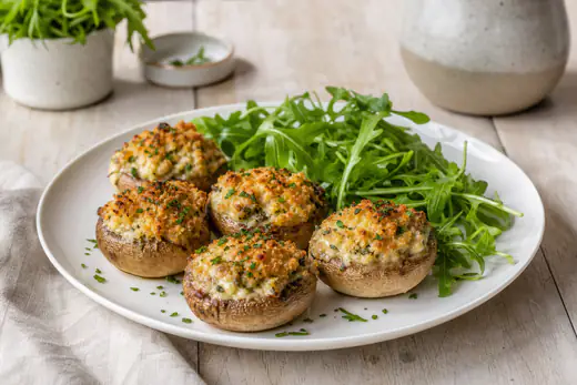 Golden stuffed mushrooms filled with garlic cream cheese and breadcrumbs on a white plate with parsley