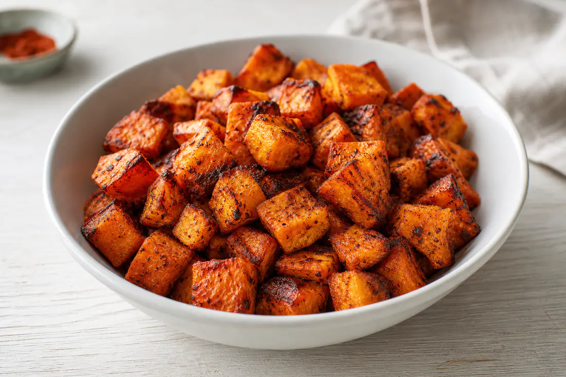 Roasted orange sweet potato cubes with caramelised edges and smoked paprika in a white bowl