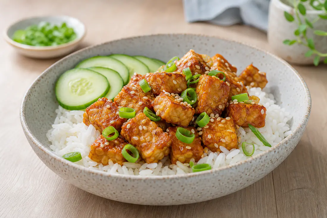 Golden crispy marinated tempeh cubes in a bowl with rice, sliced cucumber, spring onions and sesame seeds