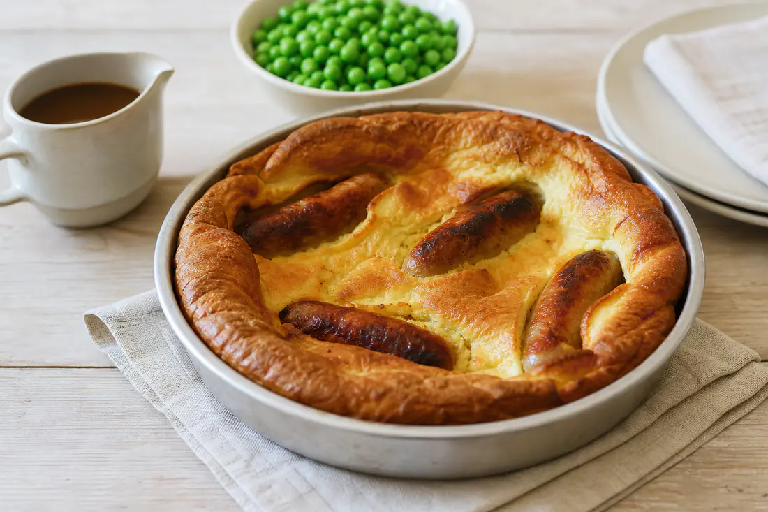 A golden risen toad in the hole in a small round tin with browned sausages, served with onion gravy and peas