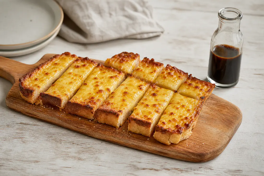 Two slices of golden bubbling cheese on toast cut into fingers on a wooden board with a little Worcestershire sauce
