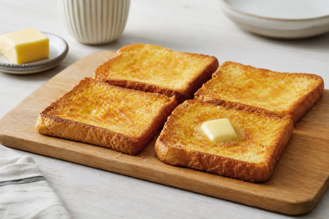 Four slices of evenly golden toast on a wooden board with a knob of butter melting on top