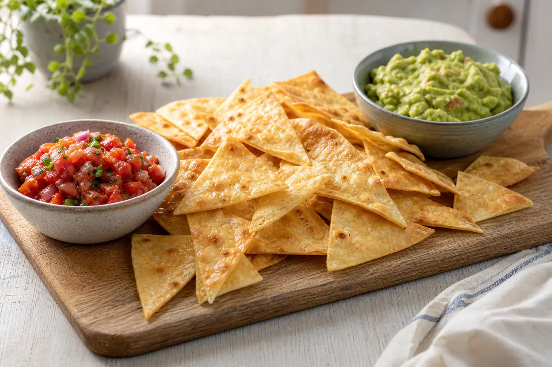 A wooden board of golden homemade tortilla chip triangles with a bowl of tomato salsa and a bowl of guacamole