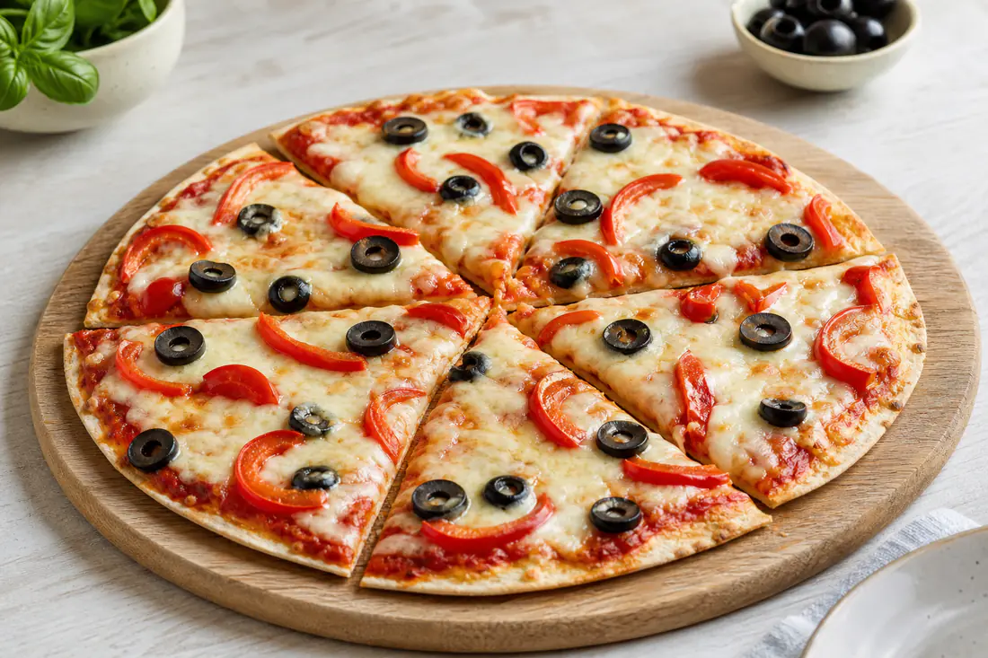 A thin crisp tortilla pizza with melted mozzarella, red pepper and black olives on a wooden board