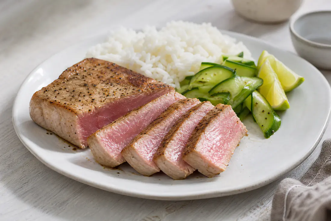 Two seared tuna steaks sliced to show a pink centre, served with rice, cucumber and lime wedges