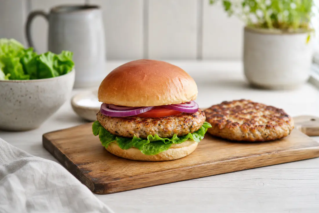 A golden turkey burger in a toasted bun with lettuce, tomato and red onion on a wooden board