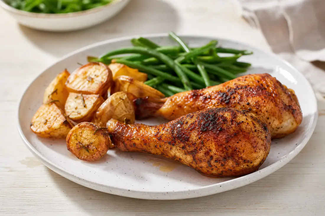 Two large golden-brown turkey drumsticks with crisp paprika-dusted skin on a plate with roast potatoes and green beans