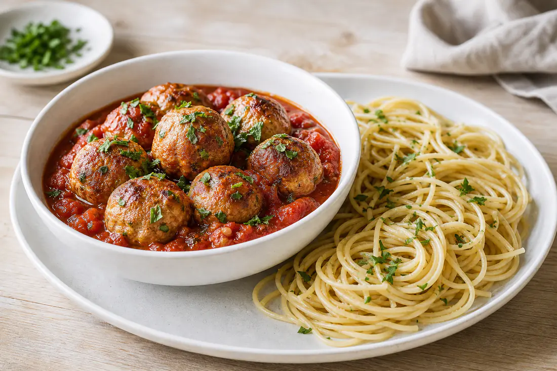 Golden turkey meatballs with parsley in a white bowl of tomato sauce next to spaghetti