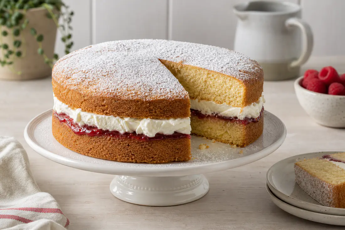 A Victoria sponge sandwiched with raspberry jam and cream and dusted with icing sugar on a cake stand