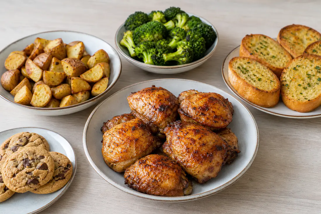 A spread of air fryer foods on a kitchen table - golden chicken thighs, roast potatoes, green broccoli, sliced garlic bread and a plate of cookies