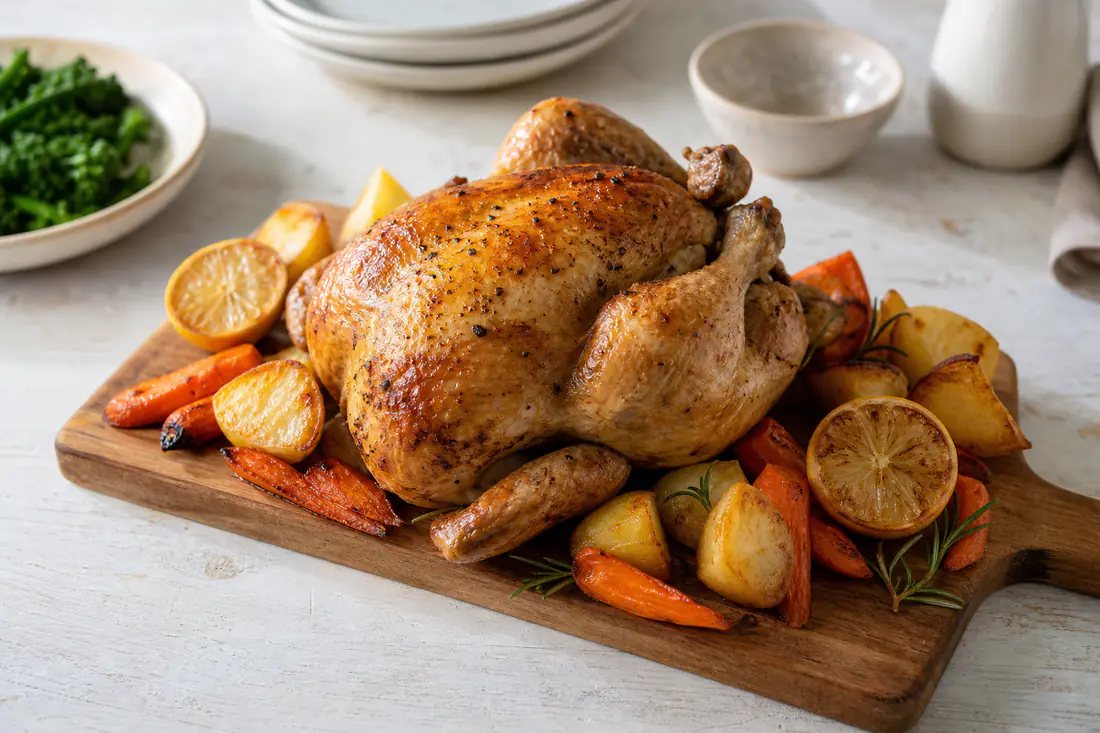 A whole golden roast chicken with crisp skin and lemon on a carving board with roast potatoes and carrots