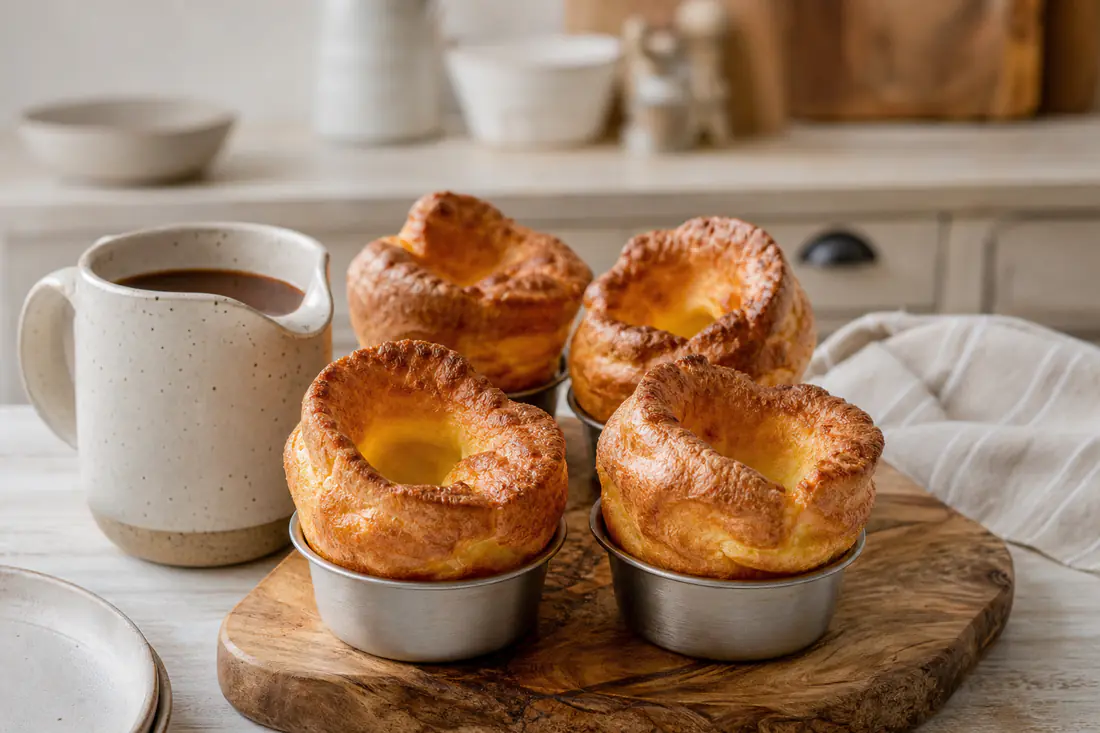 Four tall golden Yorkshire puddings in small metal tins on a wooden board next to a jug of gravy