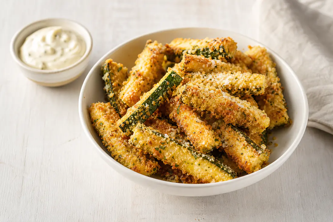 Golden crumbed courgette fries in a white bowl with a small pot of garlic mayonnaise dip