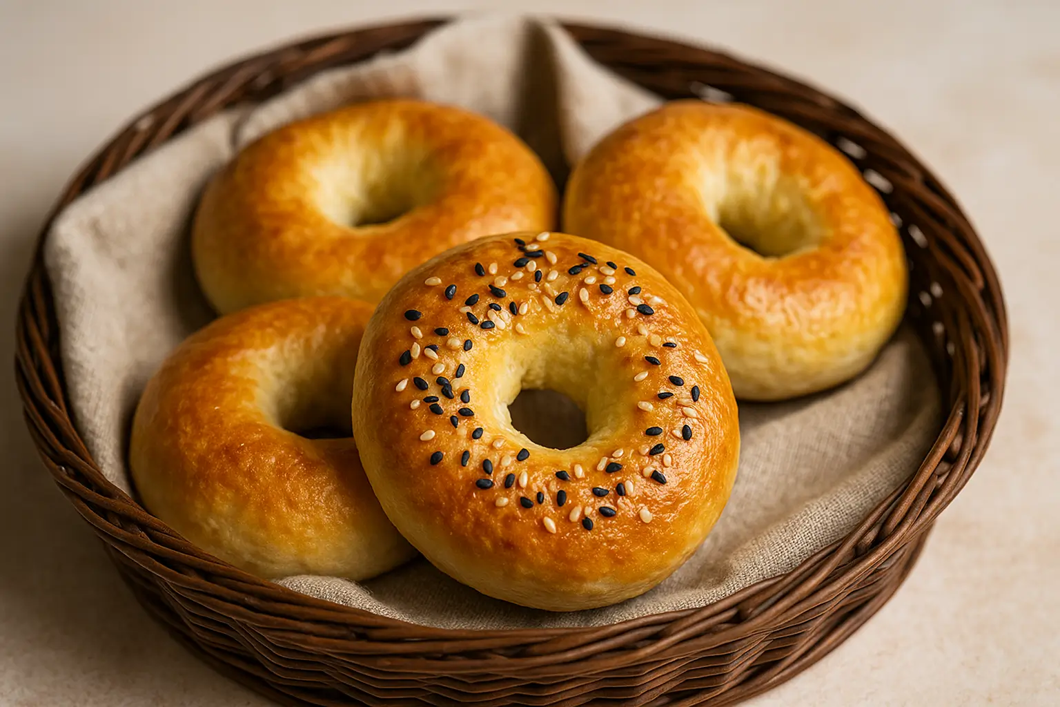 Bagels in air fryer shown freshly baked in basket