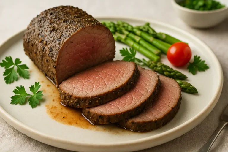 Sliced beef tenderloin cooked in airfryer, juicy and medium-rare
